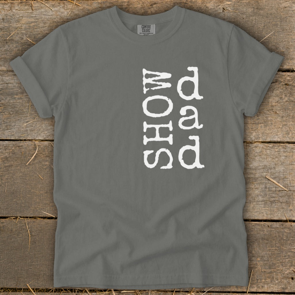Grey t-shirt with white text "Show Dad" vertically on the front.
