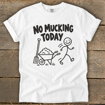 White t-shirt with black text and drawing of a stick figure running from a pitchfork and wheelbarrow.