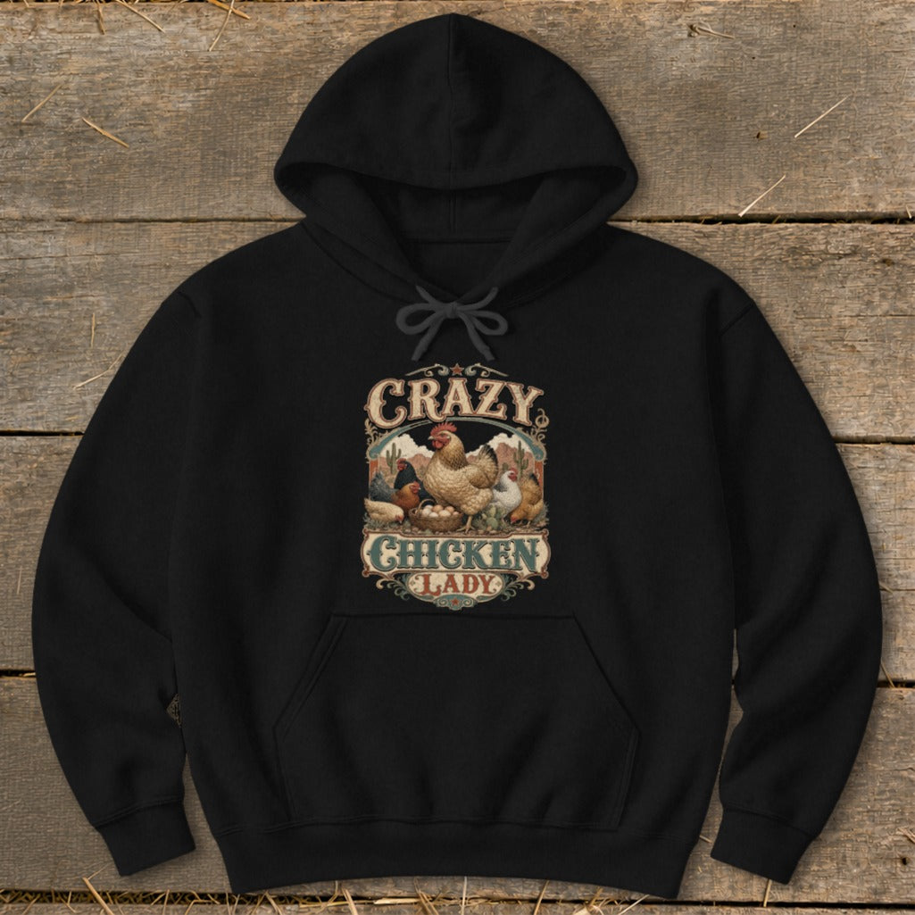 Black hoodie with "Crazy Chicken Lady" graphic featuring chickens and eggs.