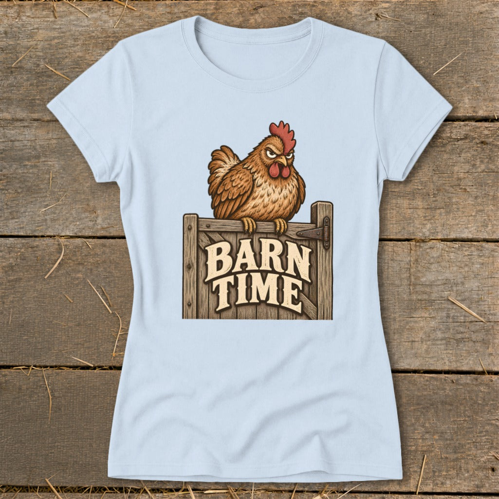 Cartoon chicken perched on a wooden gate with "BARN TIME" text.
