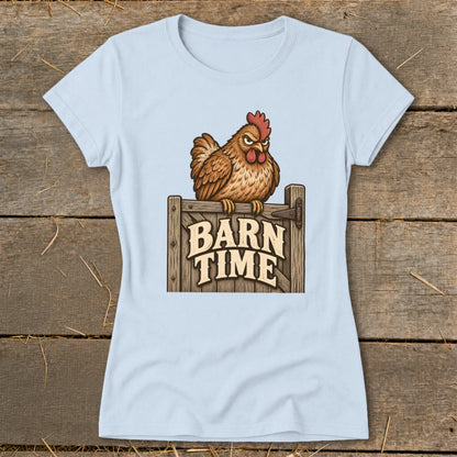 Cartoon chicken perched on a wooden gate with "BARN TIME" text.