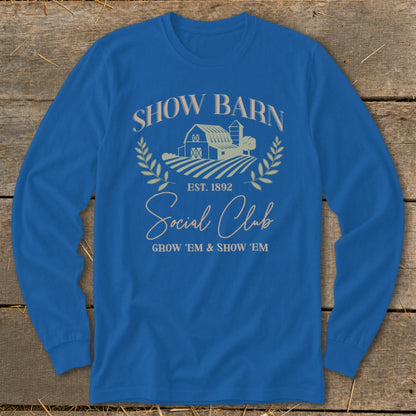 Blue long-sleeve shirt with "Show Barn Social Club" text and farm graphic.