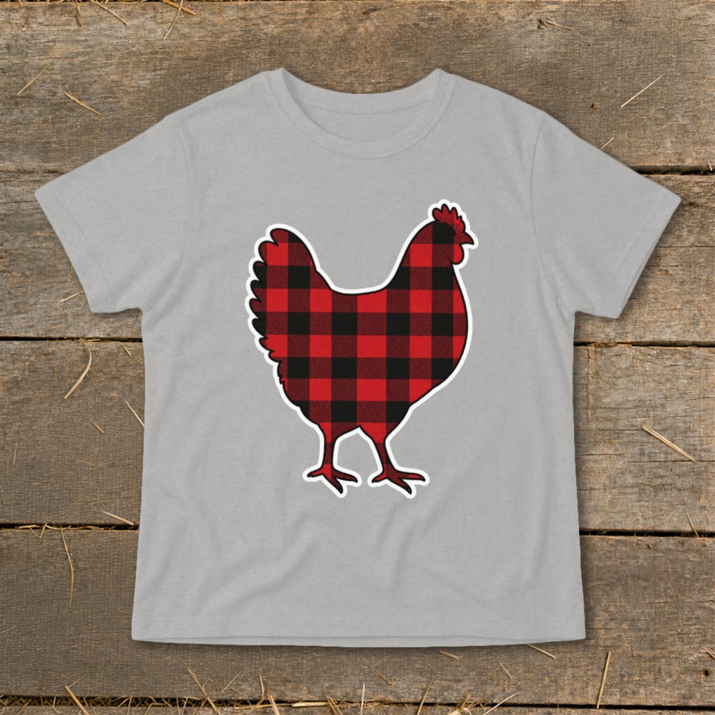 Grey t-shirt with a red and black buffalo plaid chicken graphic.