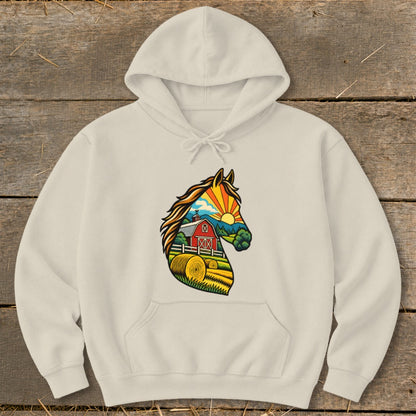Cream-colored hooded sweatshirt featuring a colorful graphic of a horse head filled with a farm scene.