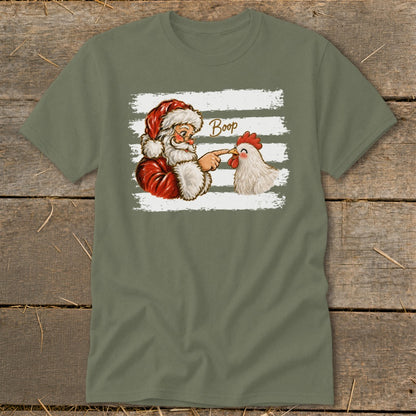 Santa booping a chicken with the word "Boop" on a striped background.