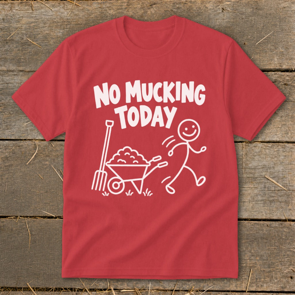 Red t-shirt with white text and a stick figure pushing a wheelbarrow.