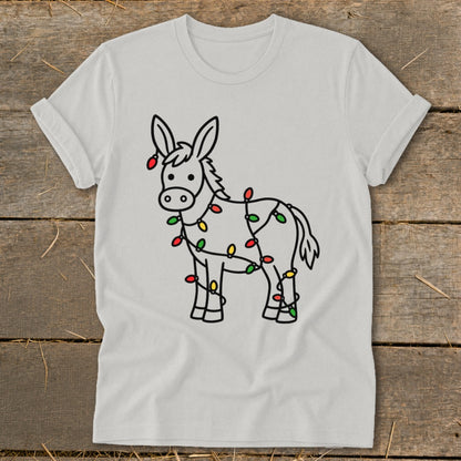 Donkey with Christmas lights on a white t-shirt.