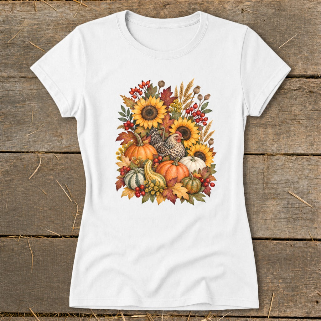 White t-shirt with a watercolor illustration of a chicken, pumpkins, sunflowers, and fall leaves.