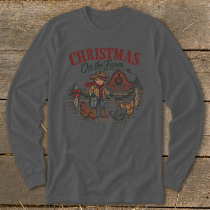 Christmas on the Farm graphic with a boy feeding chickens by a red barn.