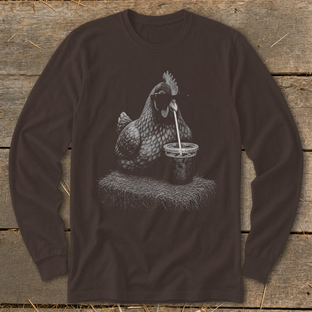 Brown long-sleeve shirt featuring a detailed drawing of a chicken drinking from a cup with a straw.