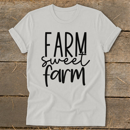 White t-shirt with black text reading "FARM sweet farm".