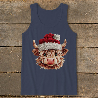 Highland cow with a Santa hat on a navy blue tank top.