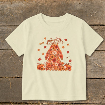 Cream t-shirt with floral bunny and "pumpkin season" text.
