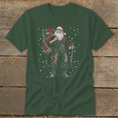 Santa Claus in overalls and plaid shirt holding a pitchfork and sack of gifts.