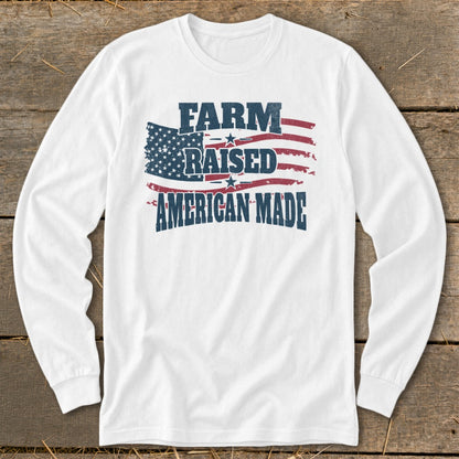 White long-sleeved shirt with "FARM RAISED AMERICAN MADE" text and distressed American flag graphic.