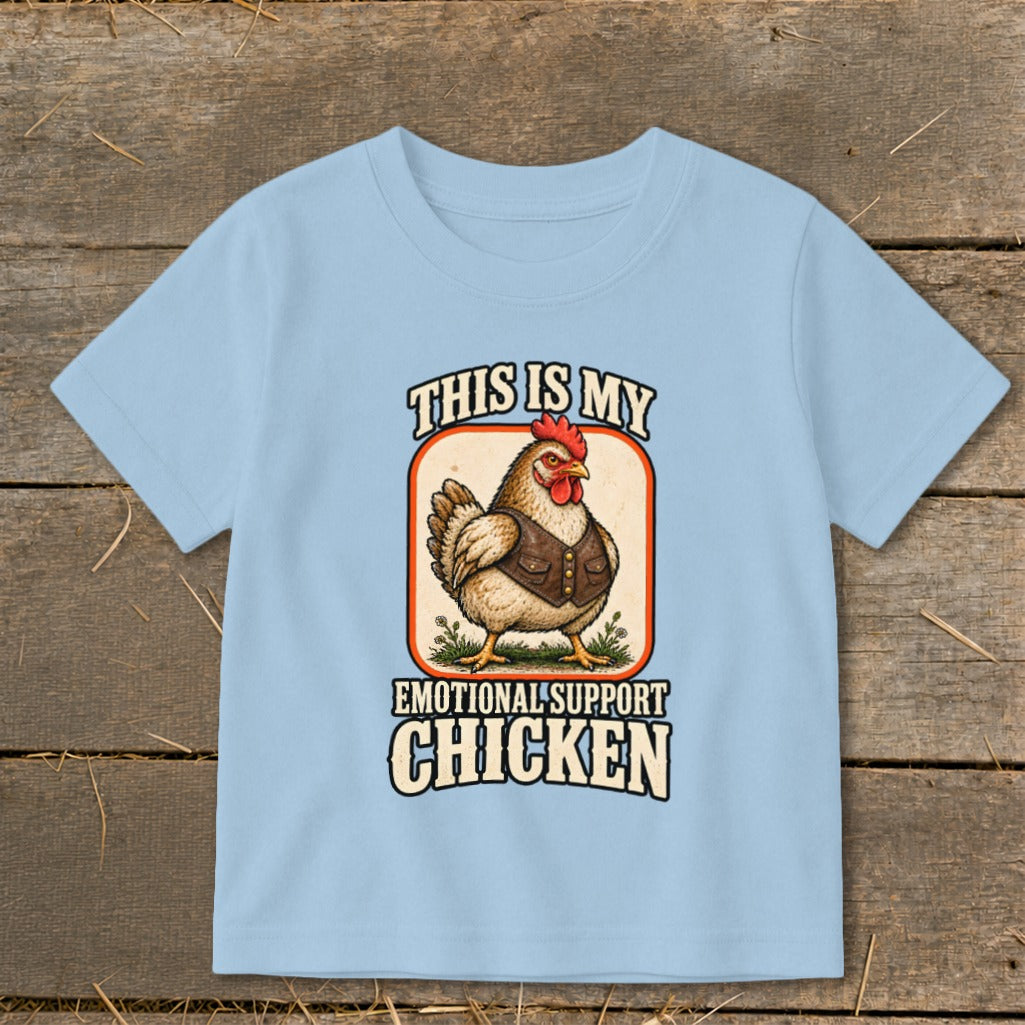Light blue t-shirt with chicken wearing vest, text "This is My Emotional Support Chicken".