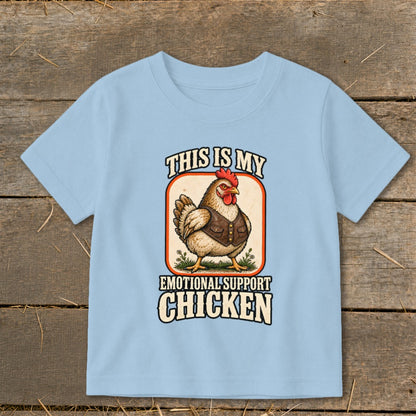 Light blue t-shirt with chicken wearing vest, text "This is My Emotional Support Chicken".