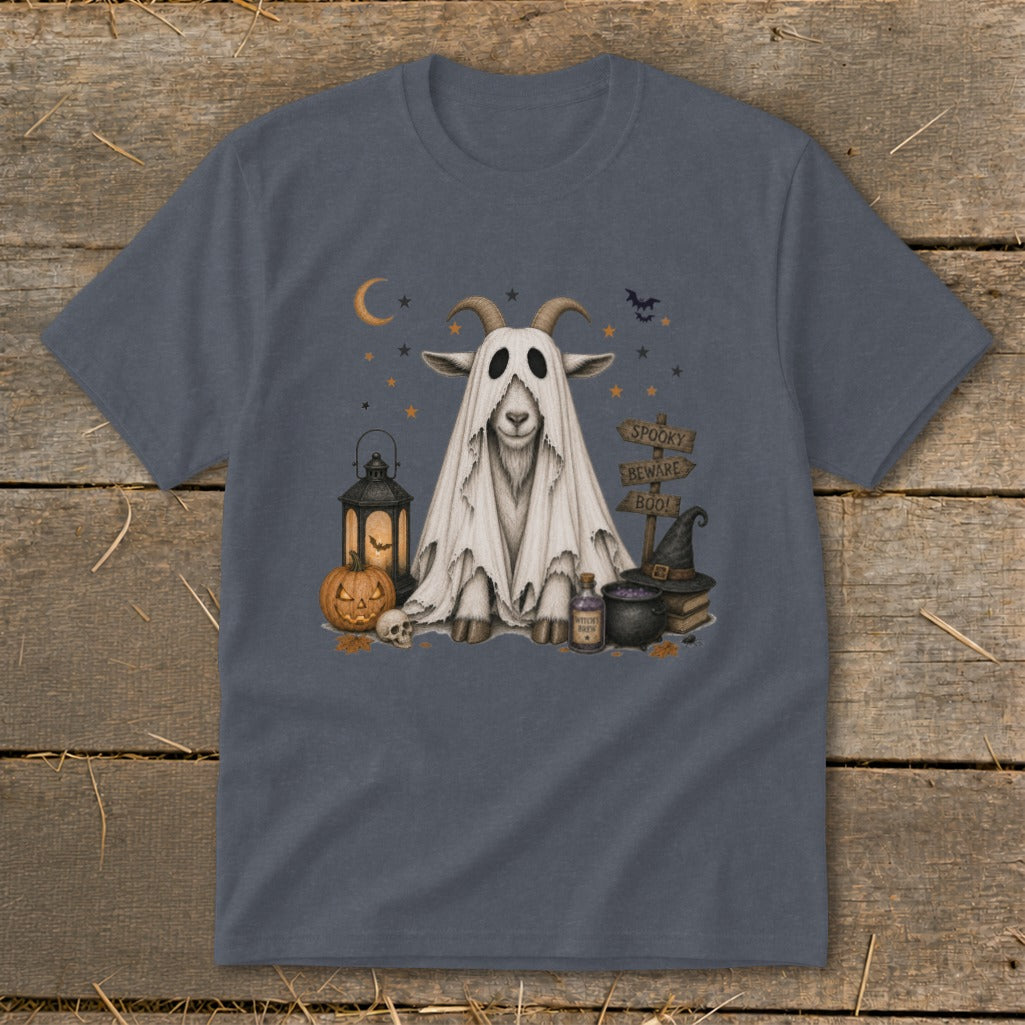 Goat in ghost costume with Halloween decor and "Spooky, Beware, Boo!" sign.