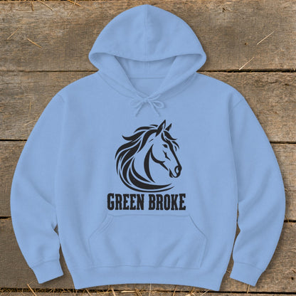 Light blue hooded sweatshirt featuring a black graphic of a horse head and the text GREEN BROKE.