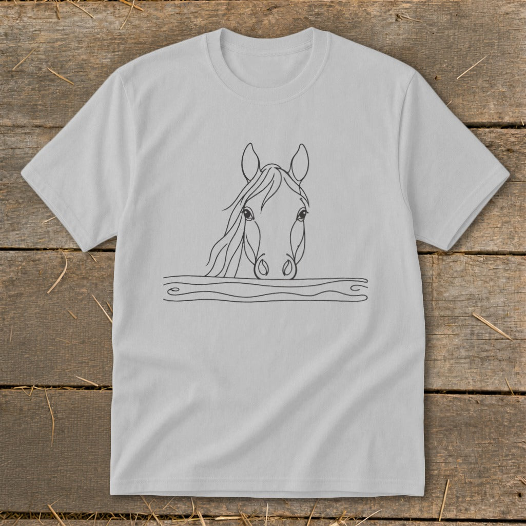 Light gray t-shirt with a black line drawing of a horse's head peeking over a wavy line.