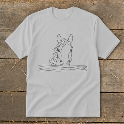 Light gray t-shirt with a black line drawing of a horse's head peeking over a wavy line.