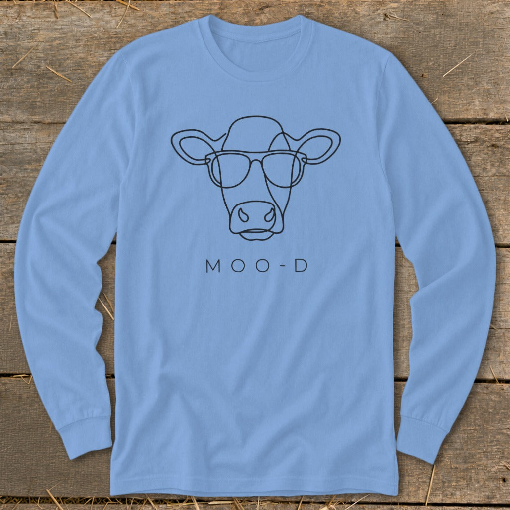 Light blue long sleeve t-shirt with minimalist cow wearing glasses and "MOO-D" text.