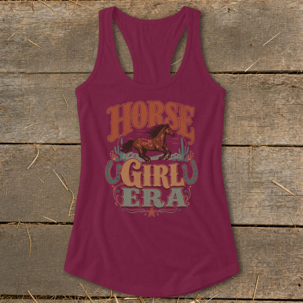 Maroon racerback tank top with "Horse Girl Era" text and a running horse graphic.