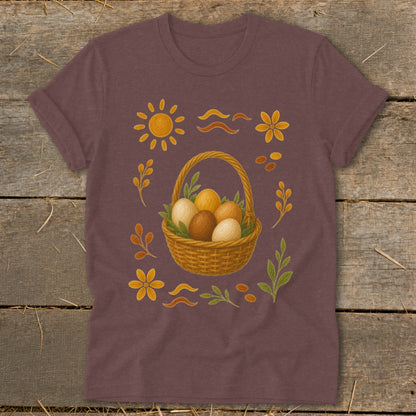 Brown t-shirt with illustration of Easter basket filled with eggs and floral accents.
