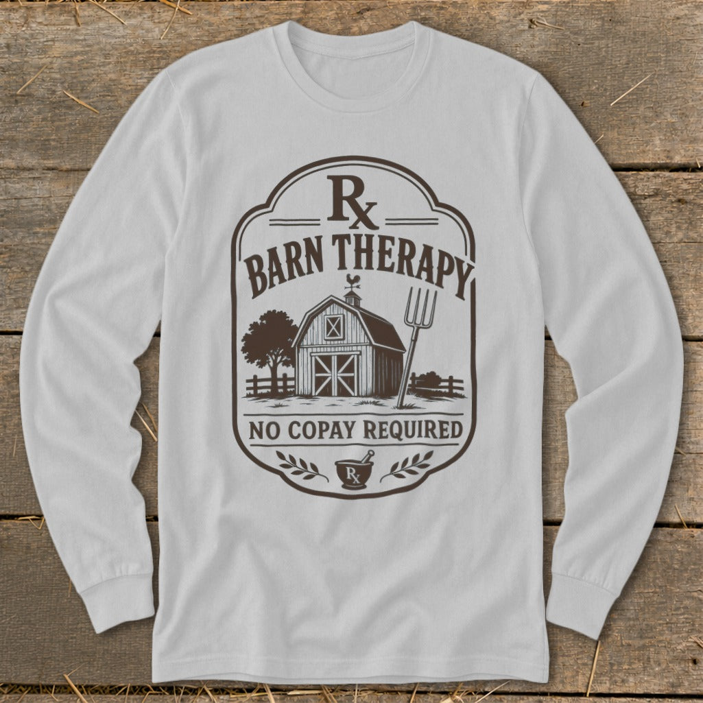 Barn Therapy Rx graphic on a white long-sleeve shirt with barn, tree, and pitchfork.