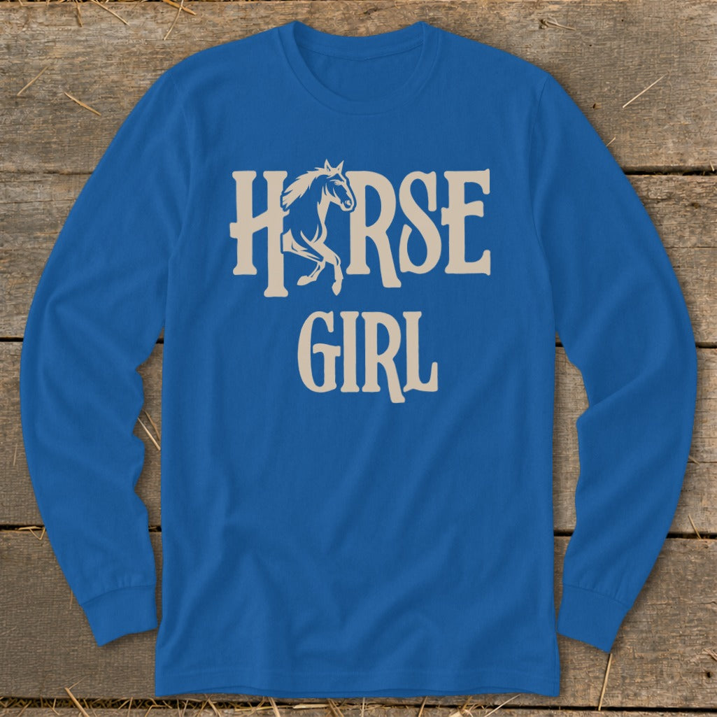 Blue long sleeve shirt with beige "HORSE GIRL" text and horse graphic.