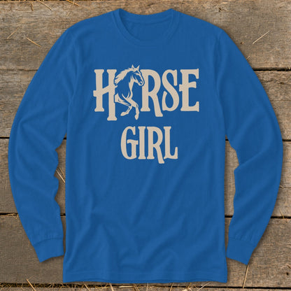 Blue long sleeve shirt with beige "HORSE GIRL" text and horse graphic.