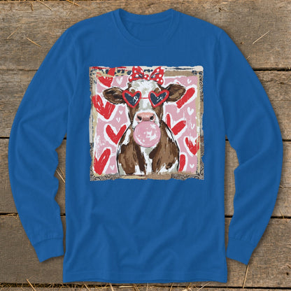 Cow wearing heart sunglasses and red polka dot bow, blowing bubblegum, on pink heart background.