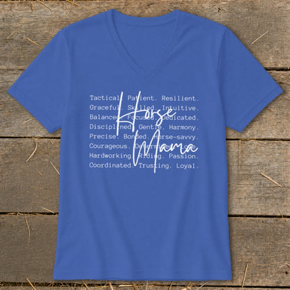 Blue v-neck t-shirt with white text "Horse Mama" and descriptive words.