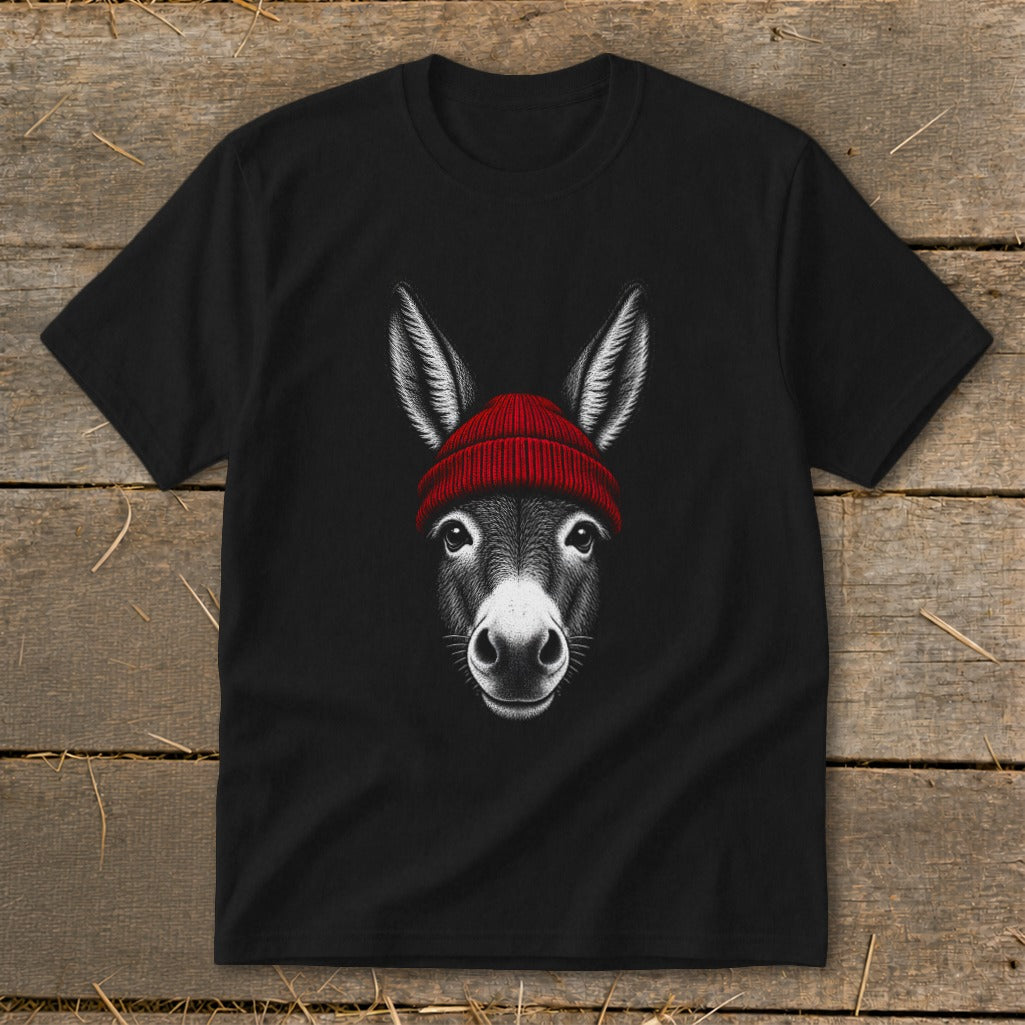 A black t-shirt features a graphic print of a donkey wearing a red beanie.