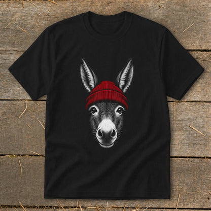 A black t-shirt features a graphic print of a donkey wearing a red beanie.
