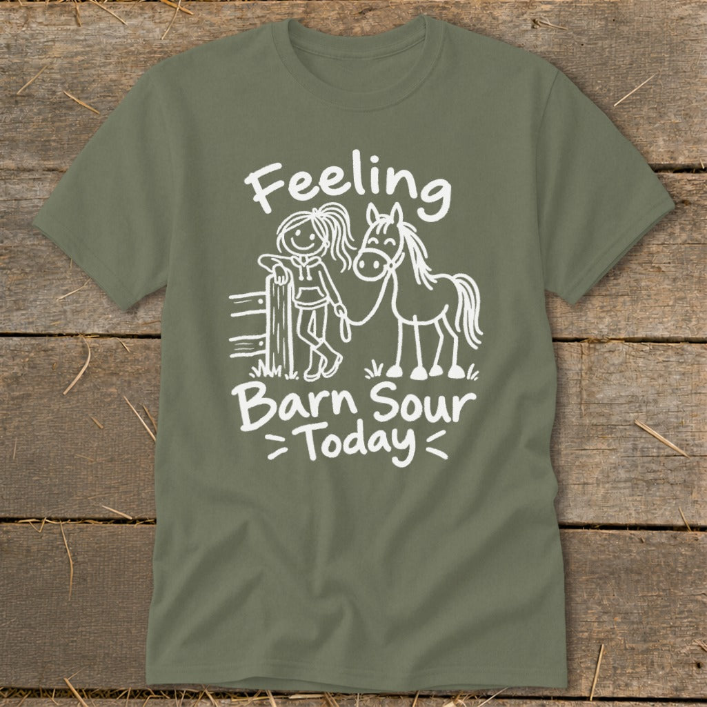 Green t-shirt with white text and graphic of a girl and horse.