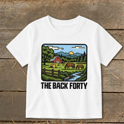 A white t-shirt featuring a retro farm graphic with two horses, a red barn, and the text The Back Forty.