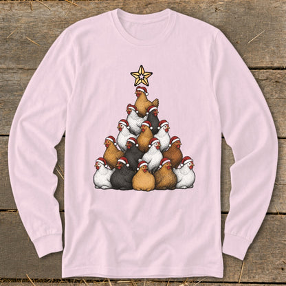 Chicken Christmas tree with Santa hats and a star on a pink long-sleeve shirt.