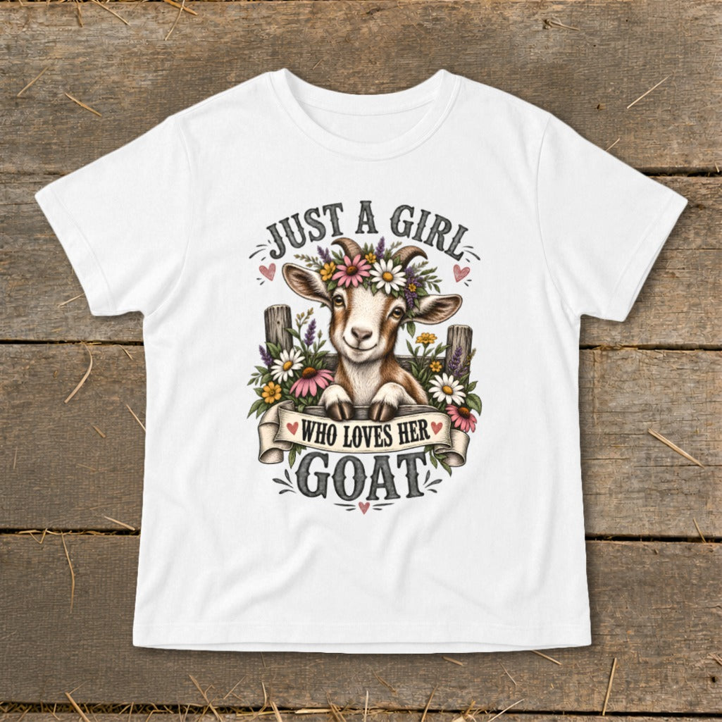 White t-shirt with a goat wearing flowers and the text "Just a Girl Who Loves Her GOAT".