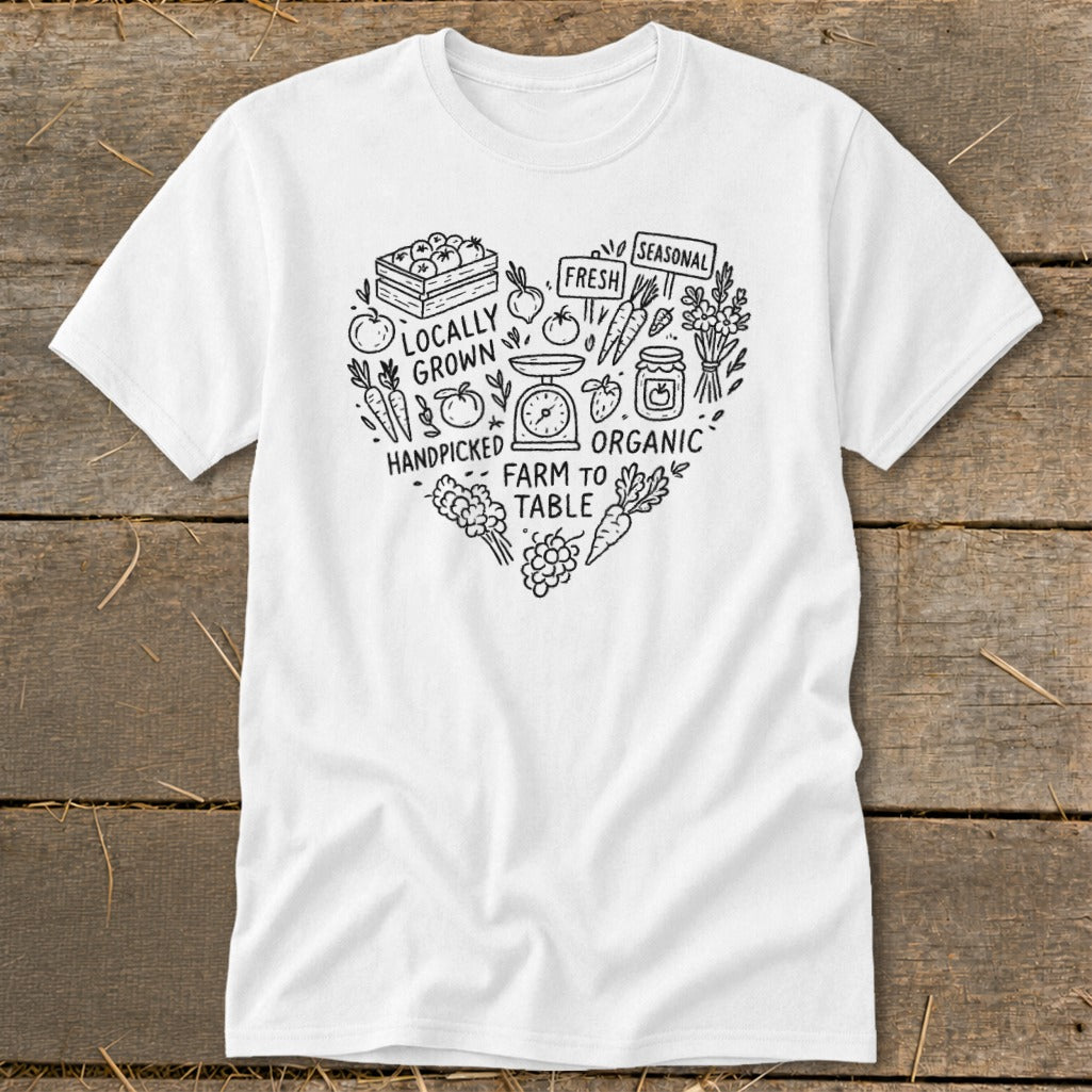 White t-shirt with a heart-shaped farm-to-table graphic featuring vegetables, fruit, and text.