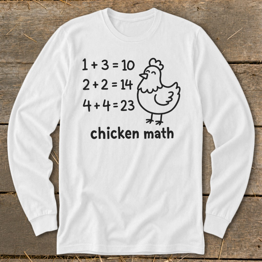 White long sleeve shirt with "chicken math" and a chicken graphic.