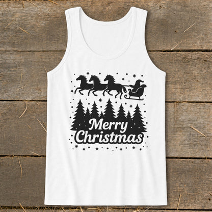 White tank top with black Christmas design featuring Santa's sleigh and "Merry Christmas".