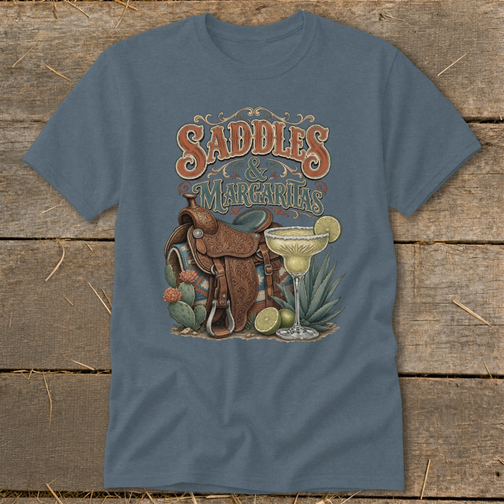T-shirt graphic with "Saddles & Margaritas" text, saddle, cacti, and margarita.