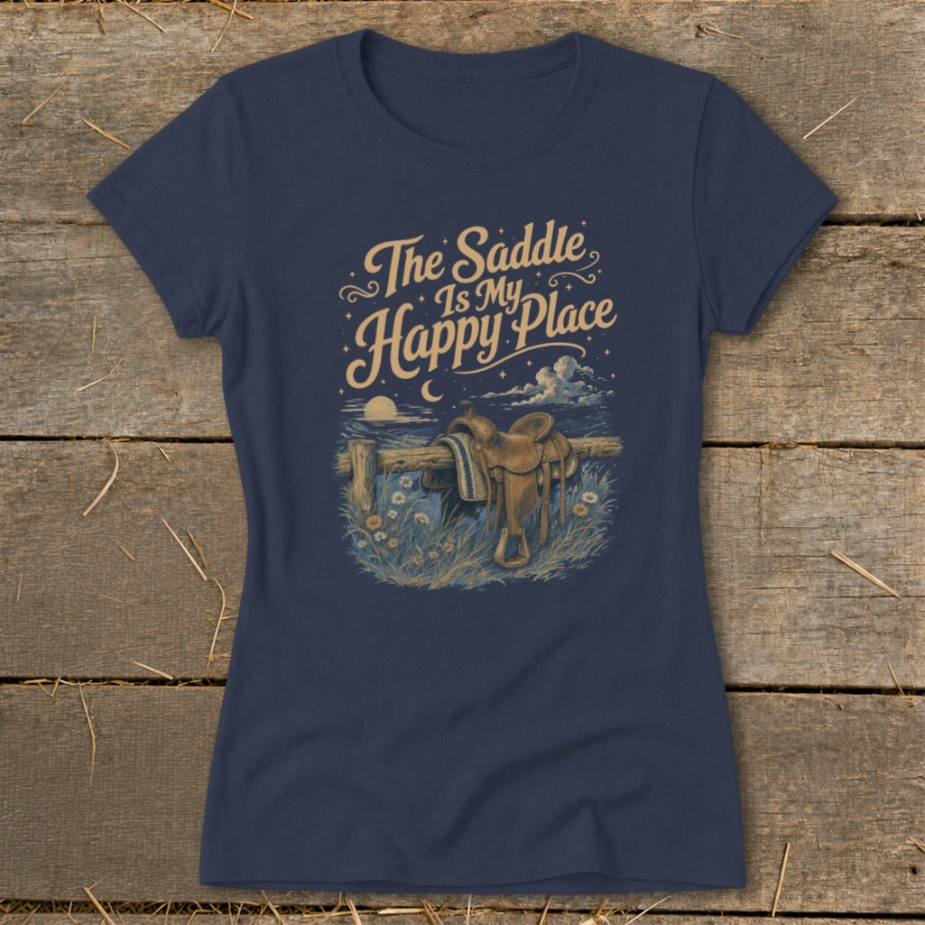 Navy t-shirt with "The Saddle Is My Happy Place" and horse saddle graphic.
