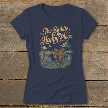 Navy t-shirt with "The Saddle Is My Happy Place" and horse saddle graphic.