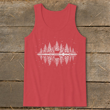 Red tank top with a white graphic of a deer and pine trees reflected in water.