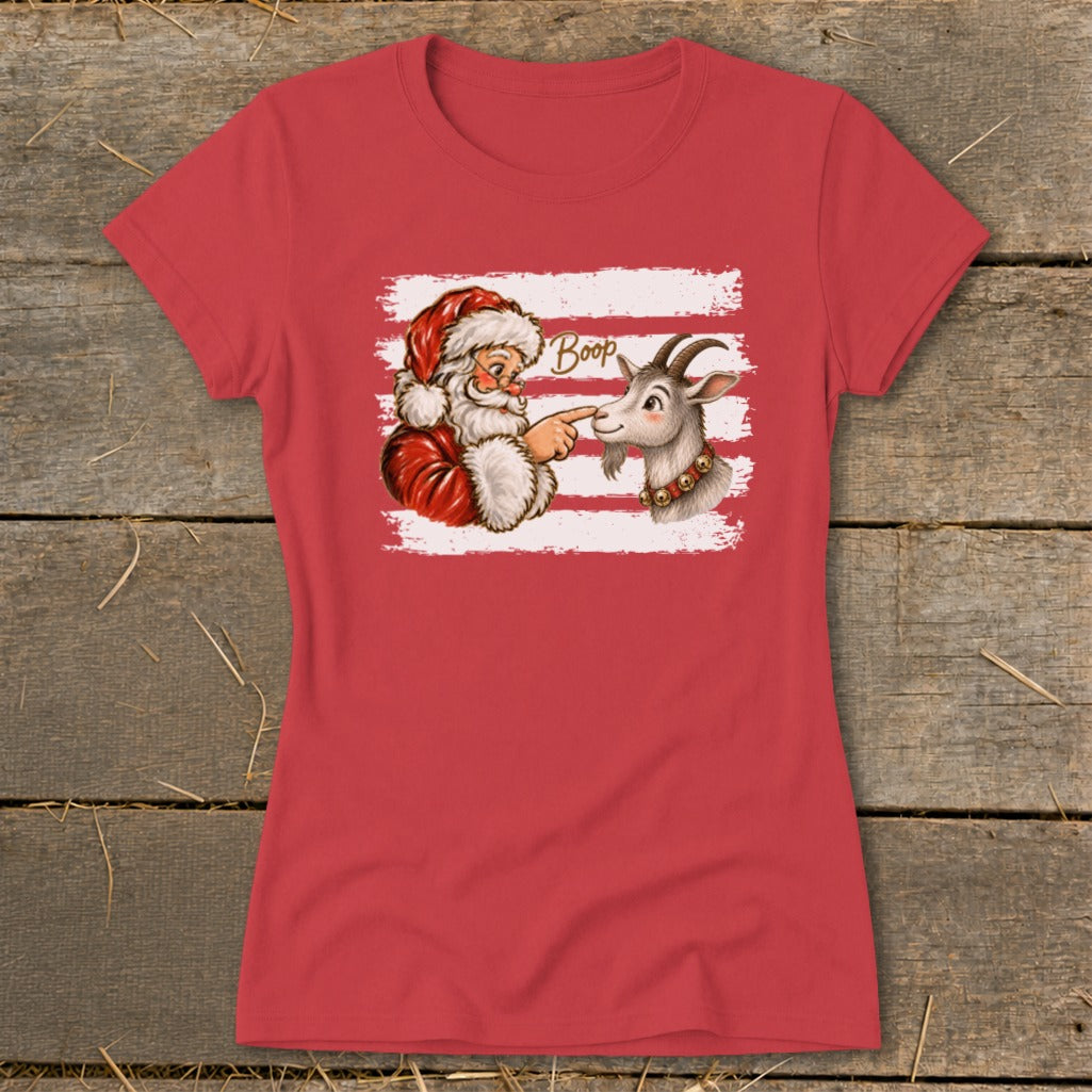 Santa booping a goat with "Boop" text on red and white striped background.