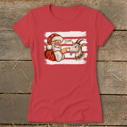 Santa booping a goat with "Boop" text on red and white striped background.