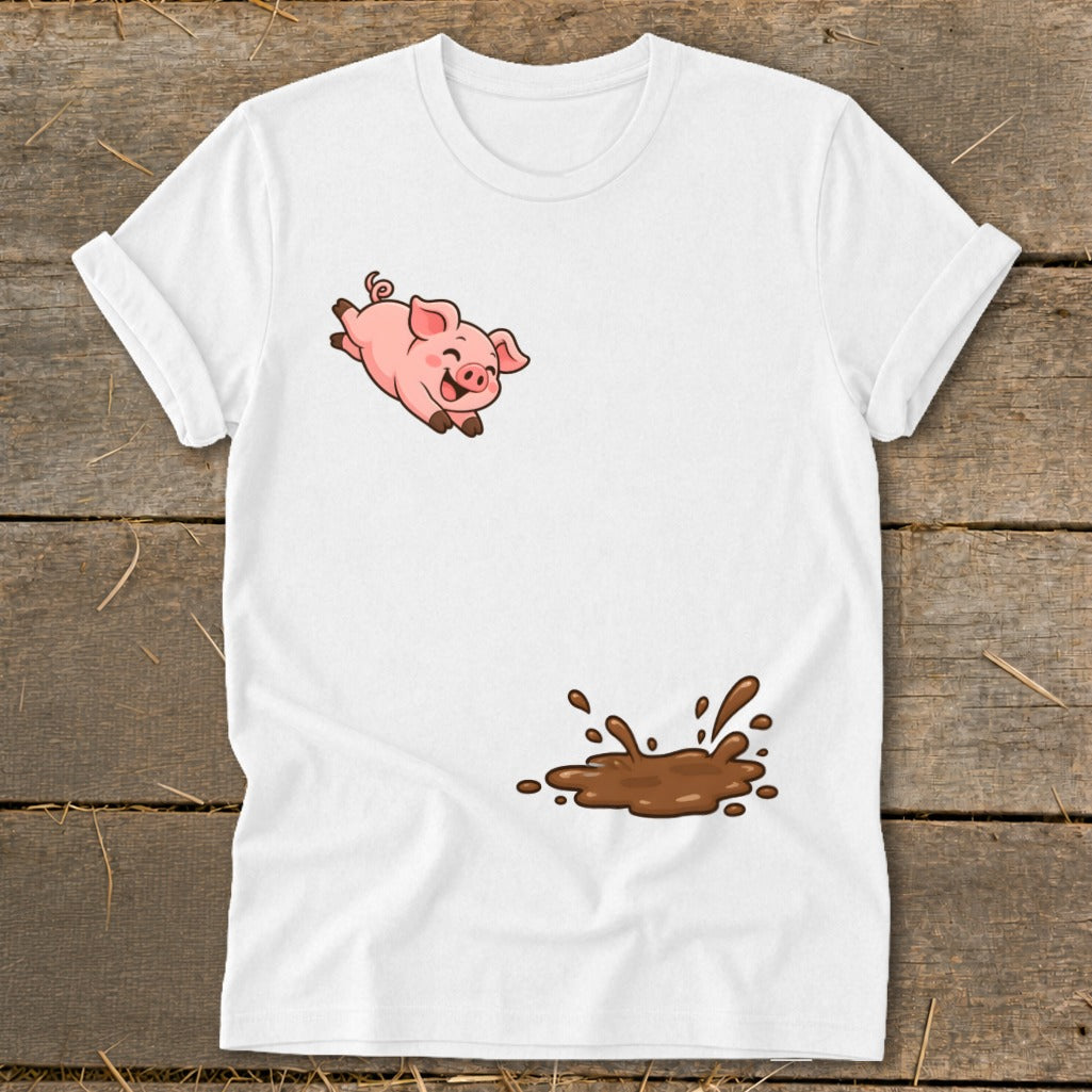 White t-shirt with cartoon pig jumping into a mud puddle graphic.