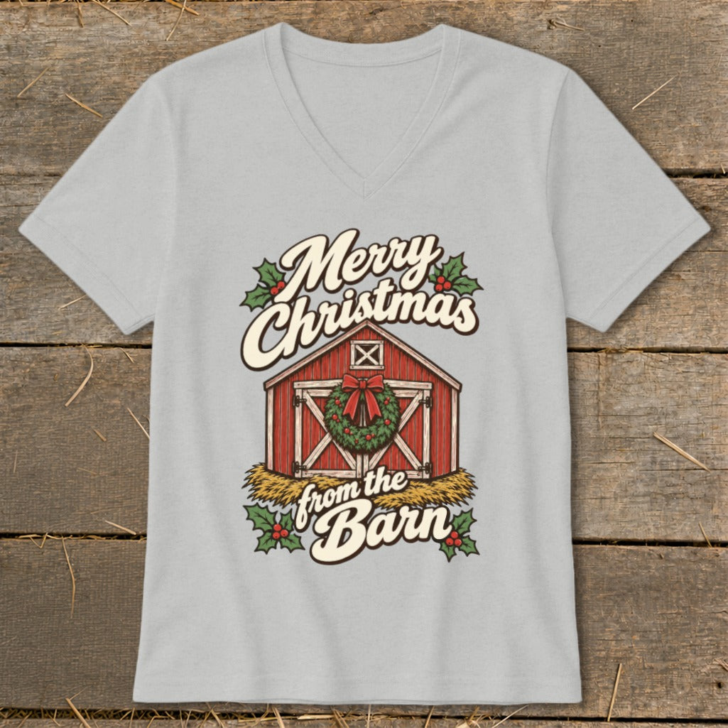 Light gray t-shirt with red barn, wreath, and "Merry Christmas from the Barn" text.